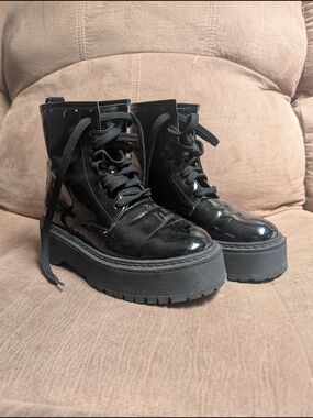 Blowfish Glossy Black Lace-Up Platform Boots